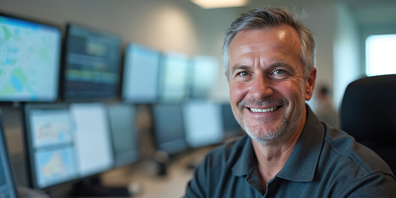 Mann mit angegrauten Haaren und im Poloshirt, hinter ihm Bildschirme