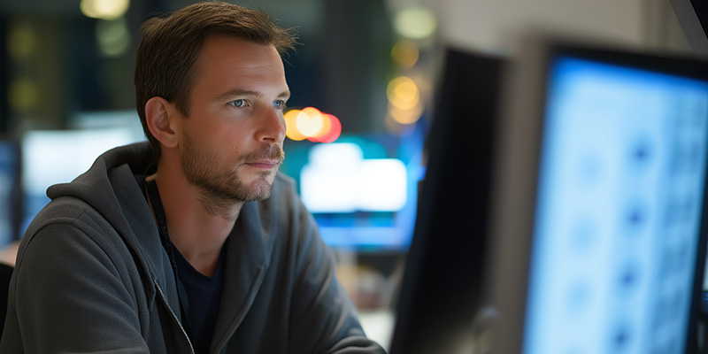 Junger Mann in dunkelgrauer Sweatjacke sitzt konzentriert am Bildschirm